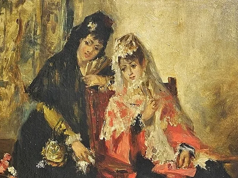 1853-José Morillo Ferradas - Due donne splendidamente adornate si sistemano davanti a un braciere